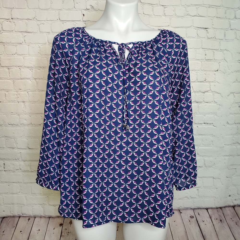 a.n.a Blue and Fuschia Bird Print Peasant Top Blouse Size M